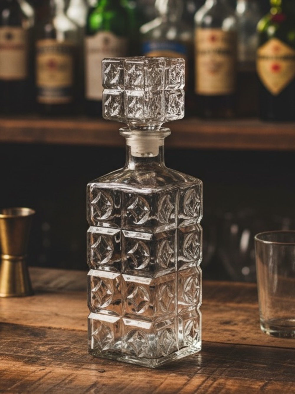 Vintage Pressed Glass Bar Liquor Wine Decanter Diamond Cut Pattern